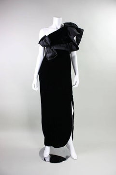 1980's Adolfo Asymmetrical Velvet Gown with Ruffled Shoulder