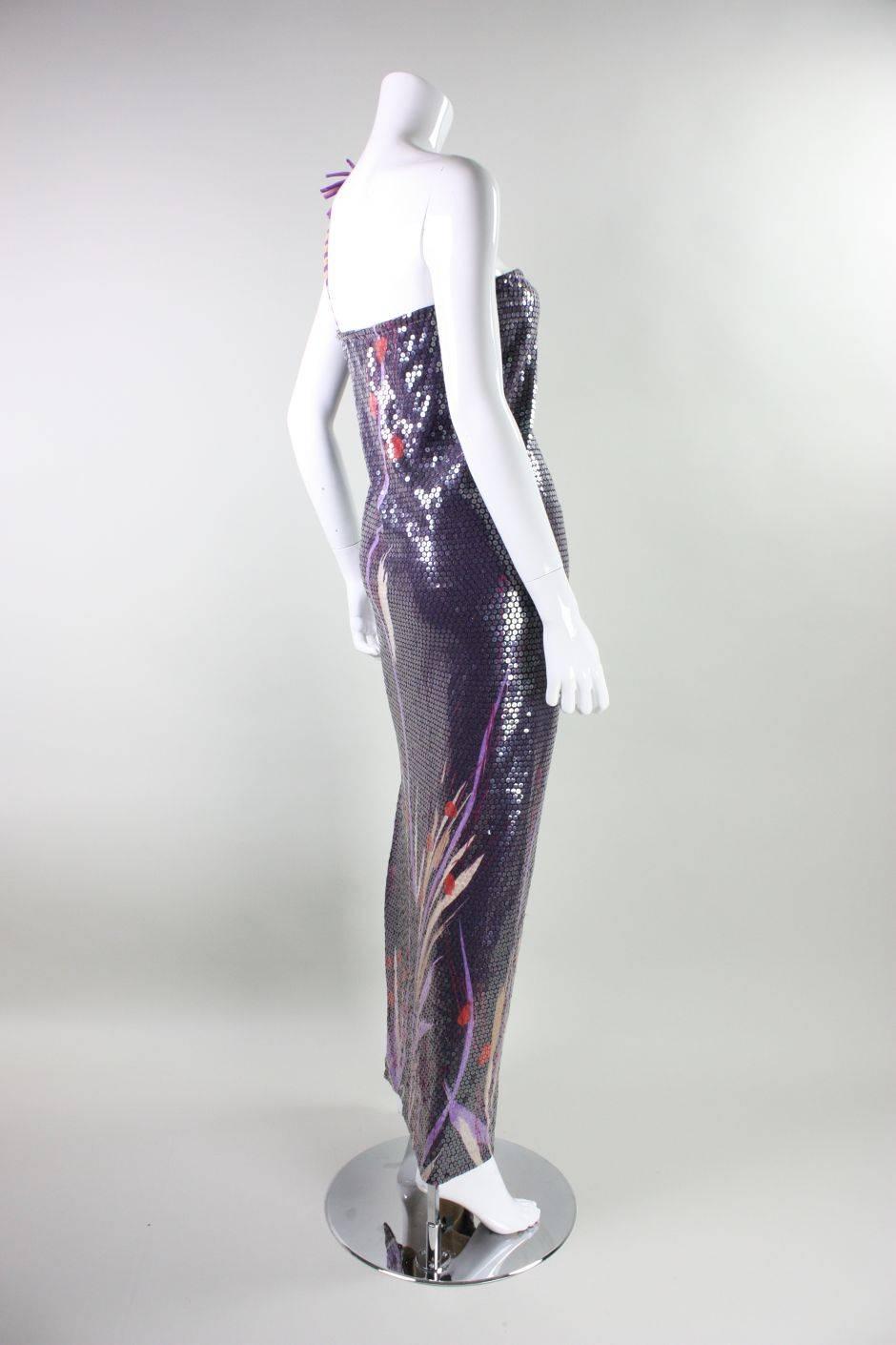 Purple 1970's Anonymous One-Shouldered Sequined Gown For Sale