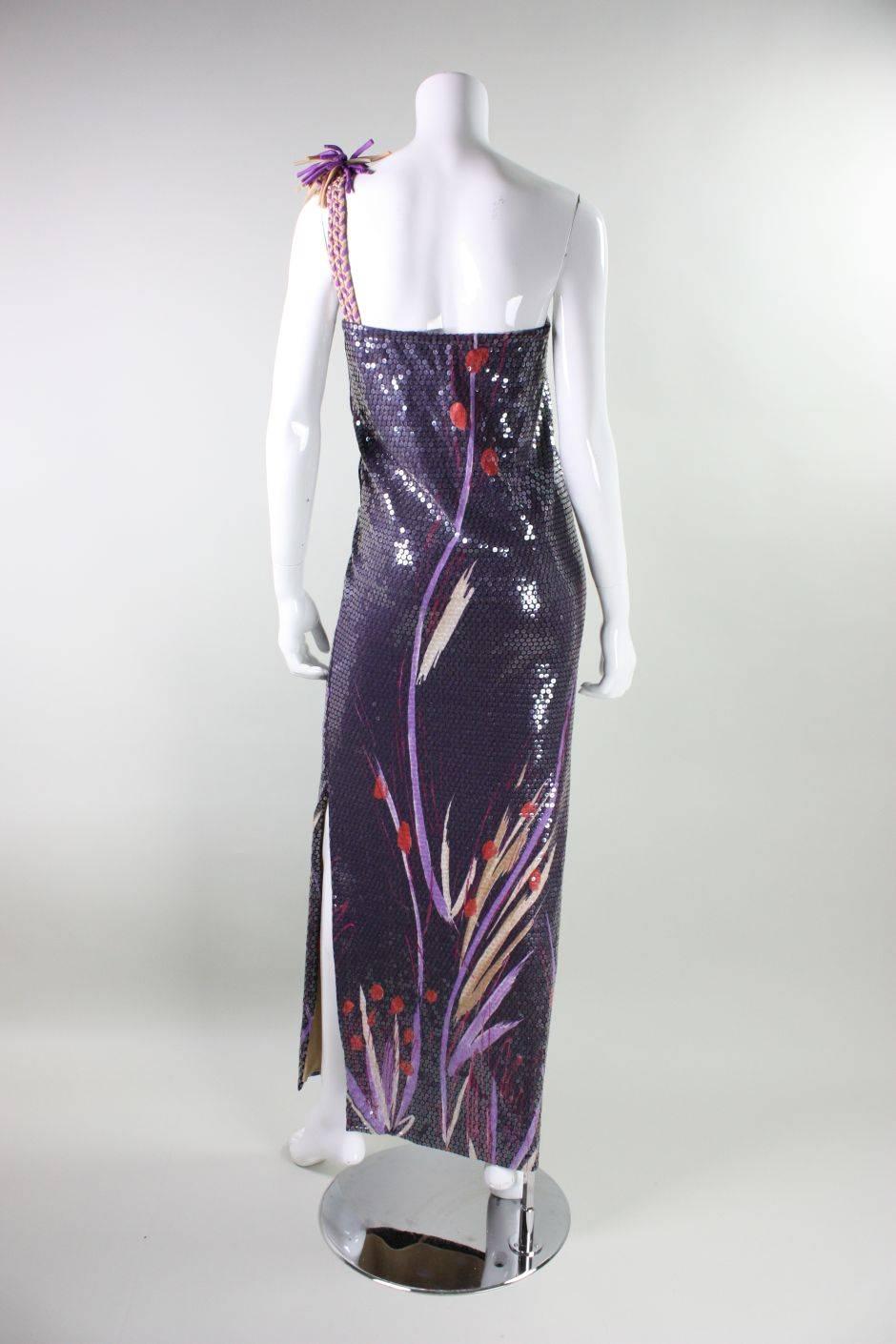 1970's Anonymous One-Shouldered Sequined Gown In Excellent Condition For Sale In Los Angeles, CA