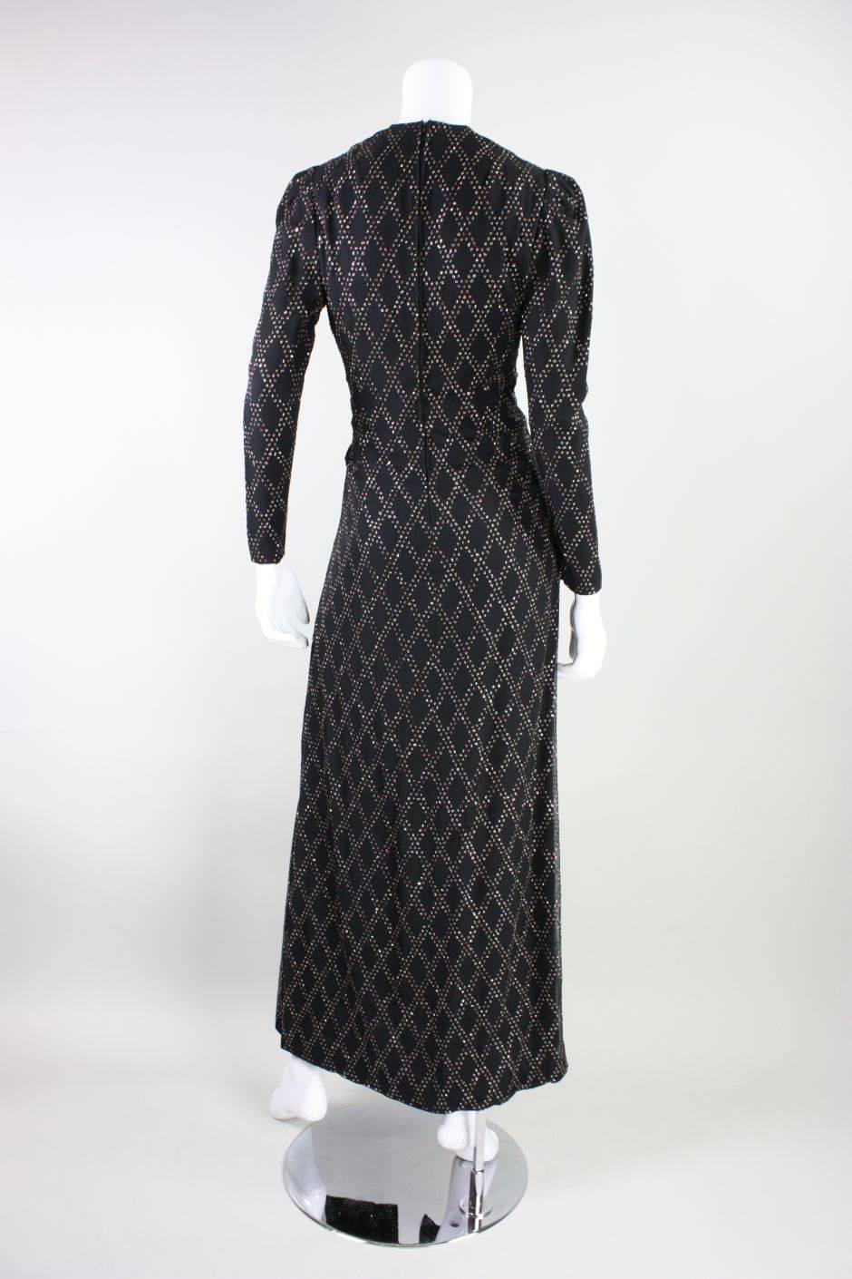 1970's Black Silk Chiffon Gown with Glitter Pattern For Sale 1
