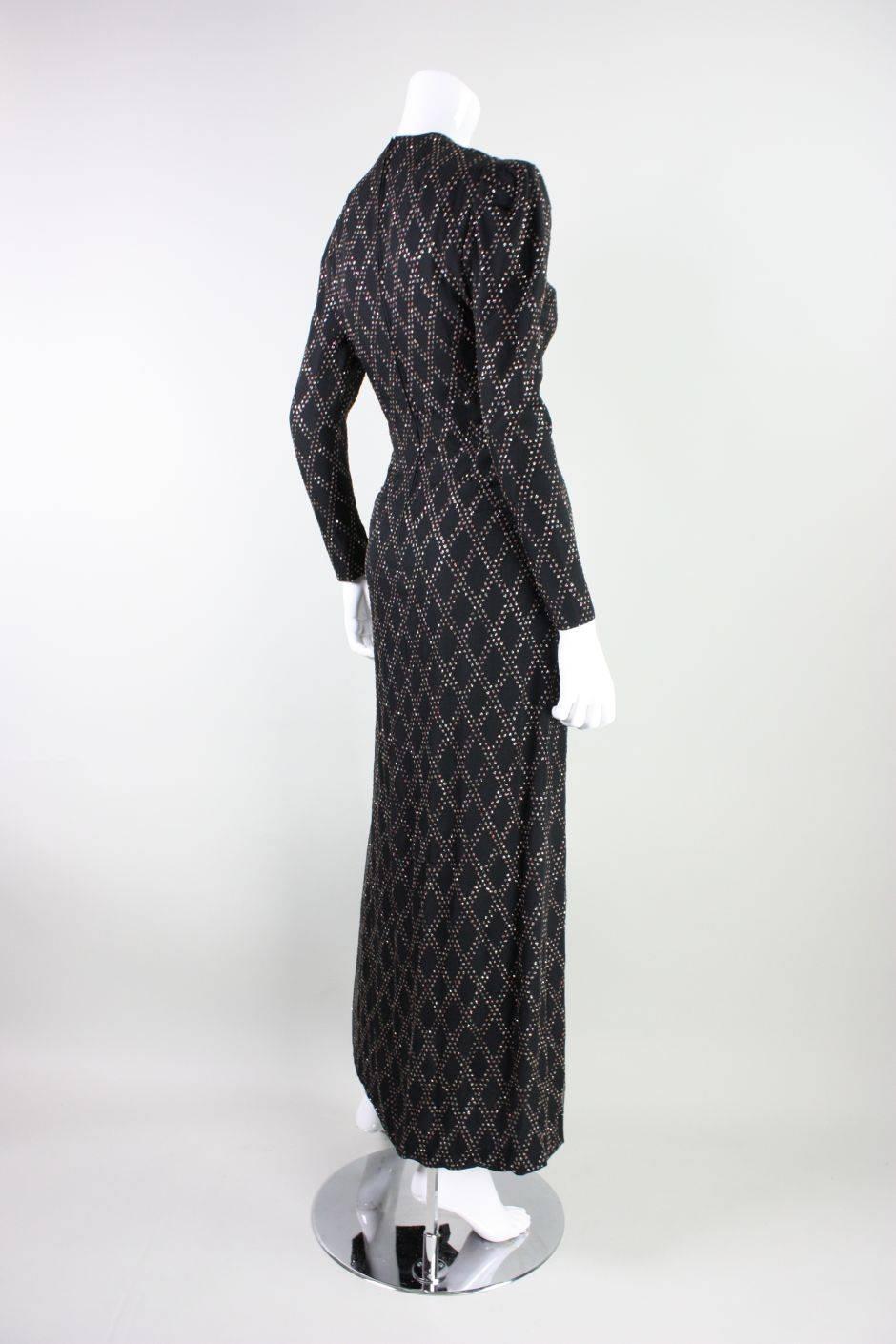 Women's 1970's Black Silk Chiffon Gown with Glitter Pattern For Sale