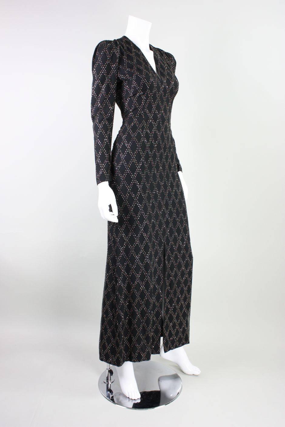 1970's Black Silk Chiffon Gown with Glitter Pattern In Good Condition For Sale In Los Angeles, CA