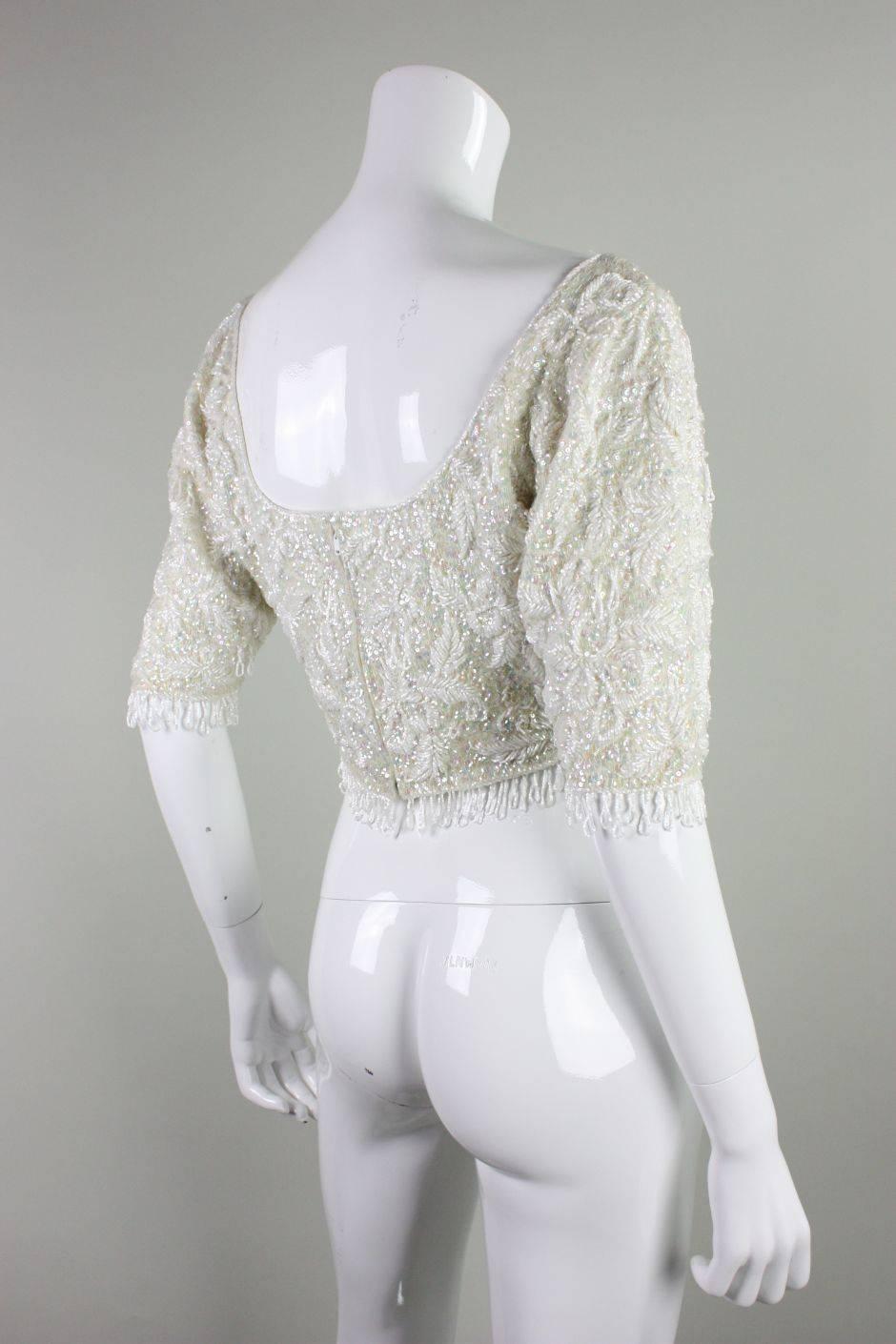 Gray 1950's Jo-Ro Imports Fully Beaded & Sequined Cropped Sweater For Sale