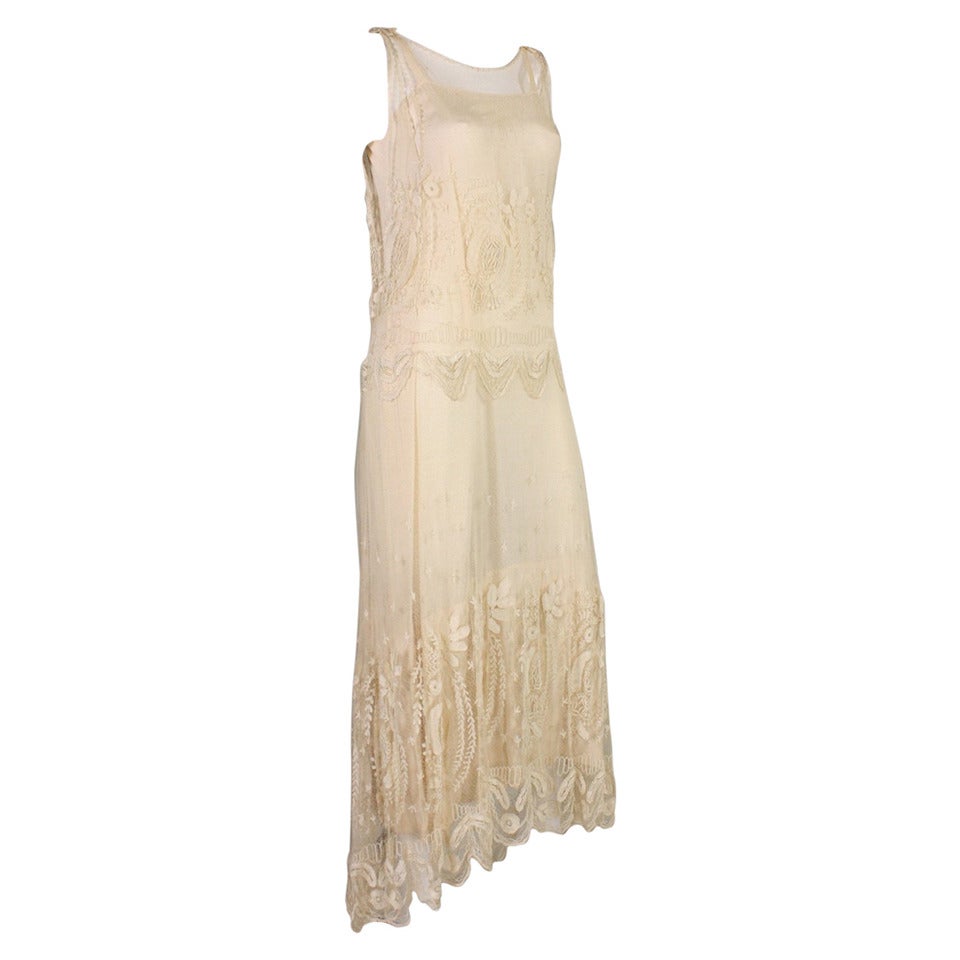 Cream Net Dress with Embroidery, 1910s For Sale