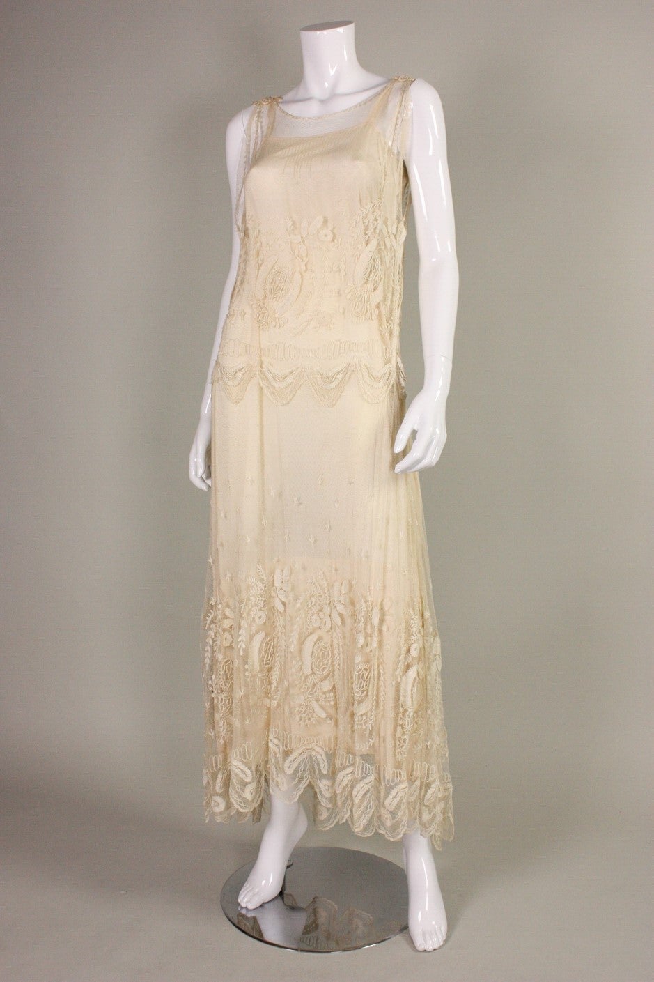 Beige Cream Net Dress with Embroidery, 1910s For Sale