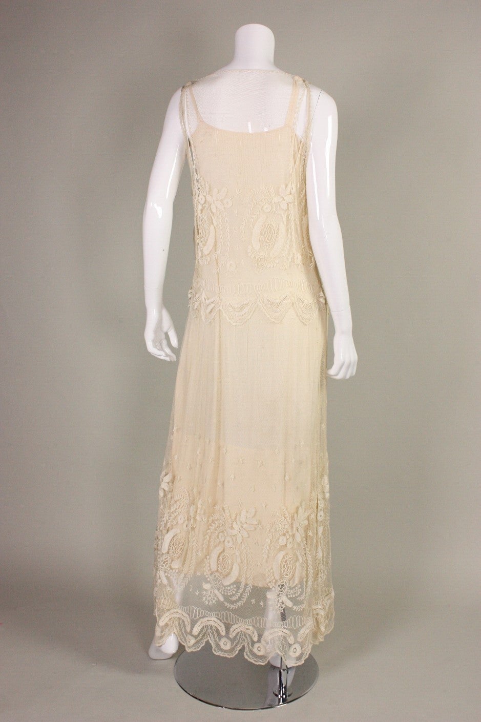 Women's Cream Net Dress with Embroidery, 1910s For Sale
