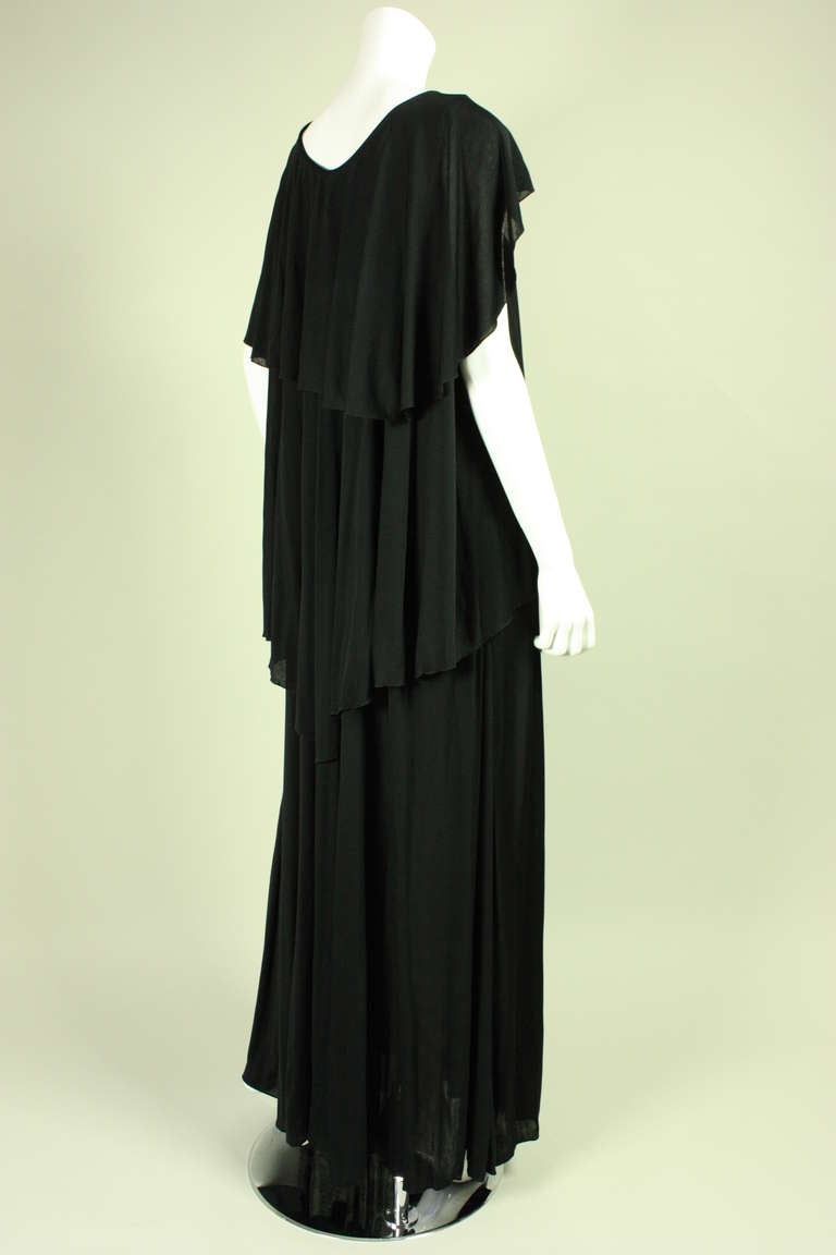 1970's Holly's Harp Black Matte Jersey Layered Gown In Excellent Condition In Los Angeles, CA