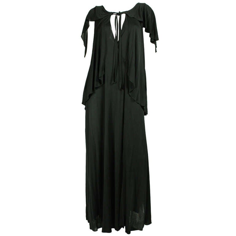 1970's Holly's Harp Black Matte Jersey Layered Gown