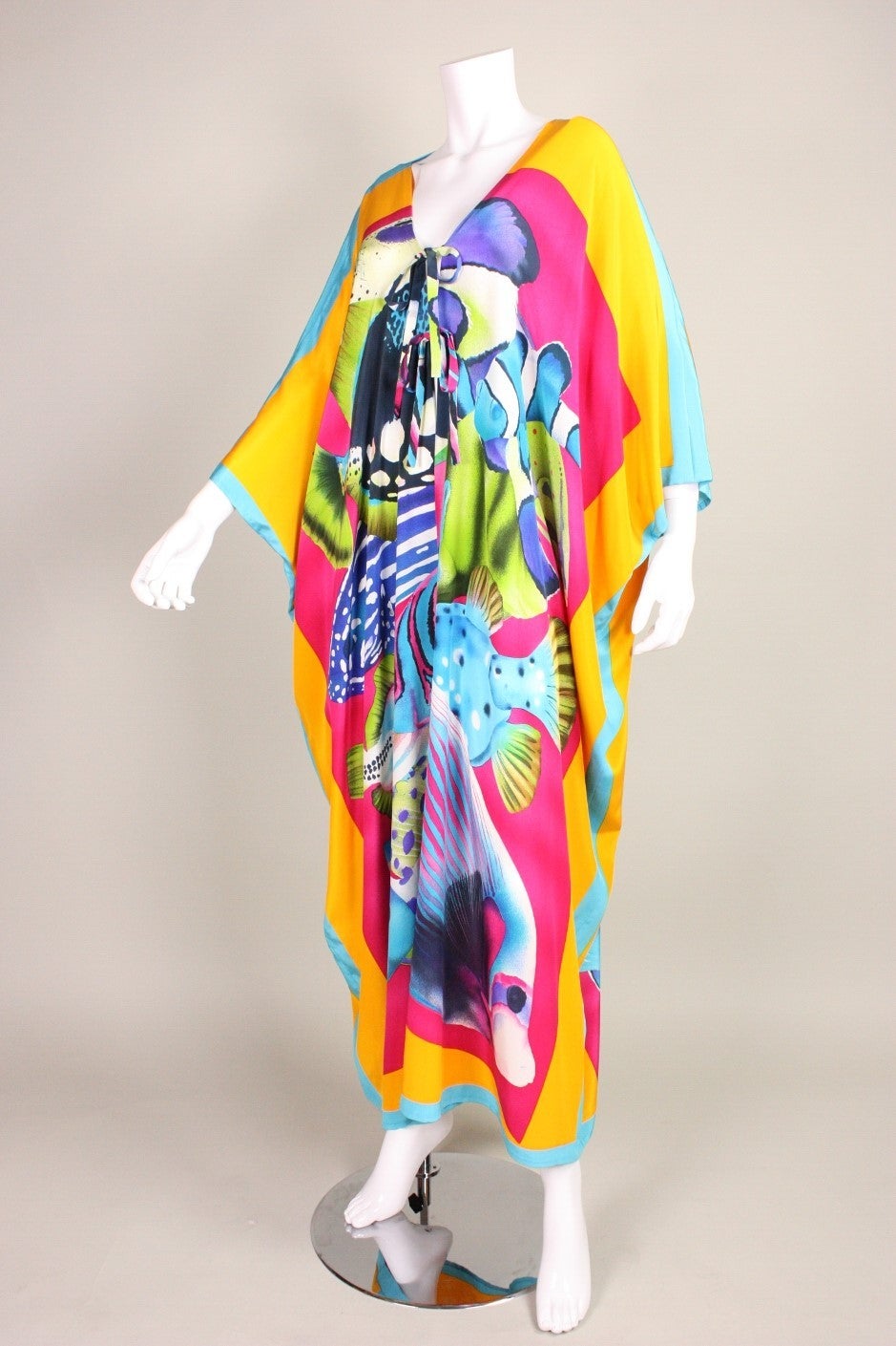 Yellow Bill Blass Caftan with Fish Print, 1980s  For Sale