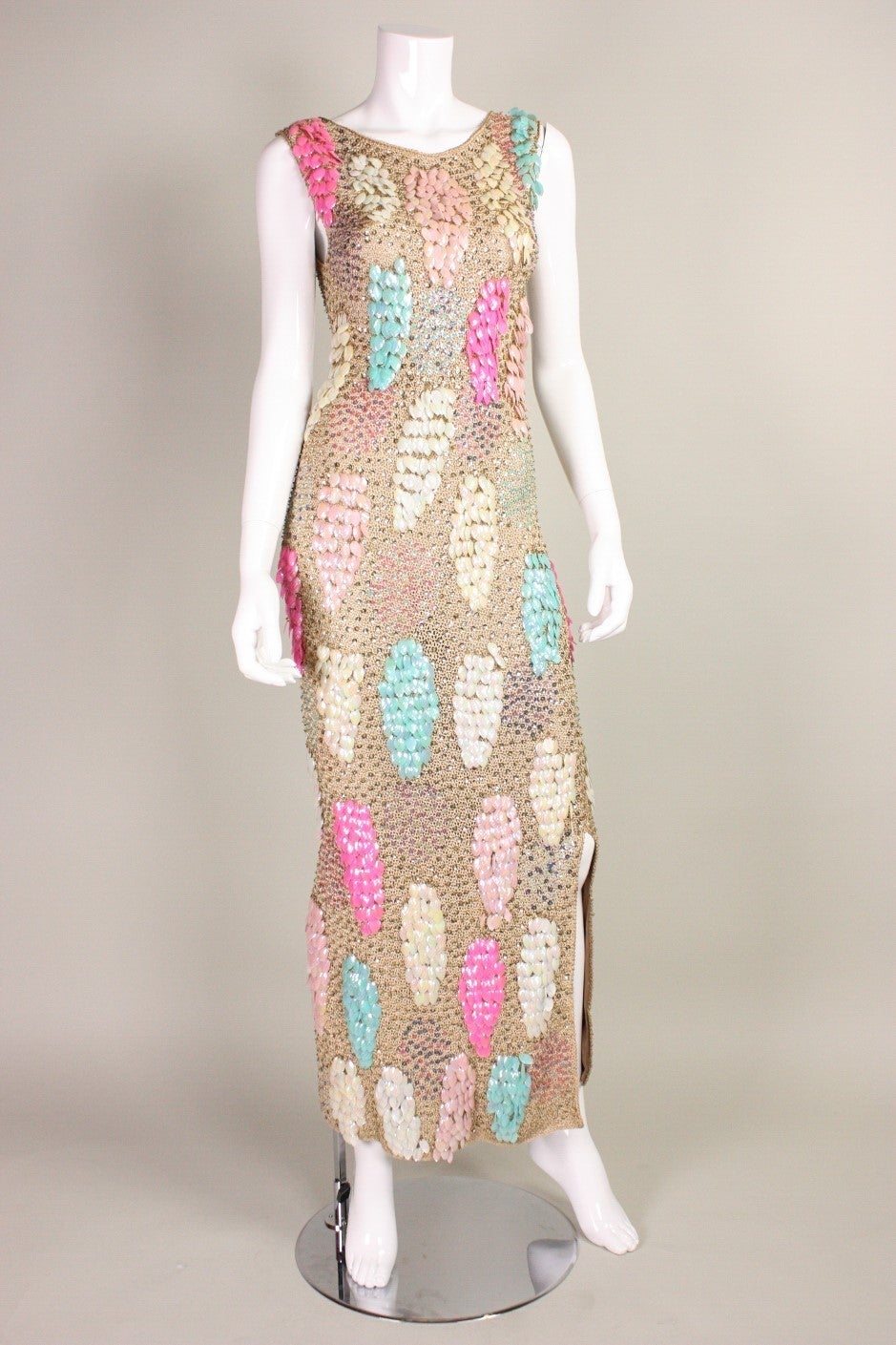 Beige 1960's Crocheted & Sequined Gown