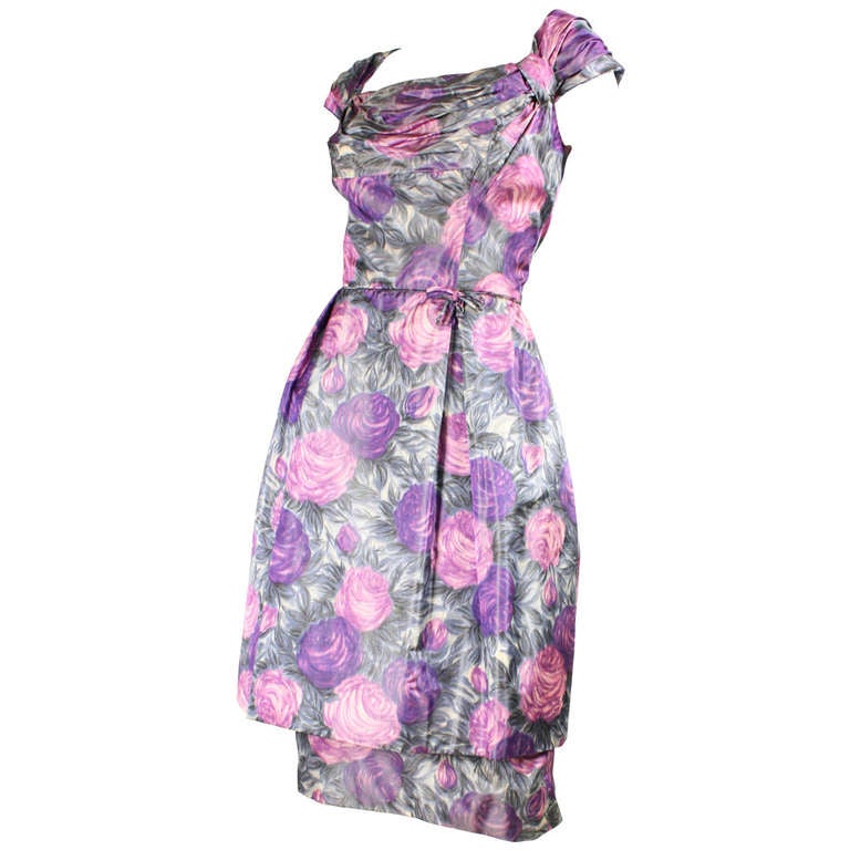 1950's Watercolor Floral Cocktail Dress at 1stDibs