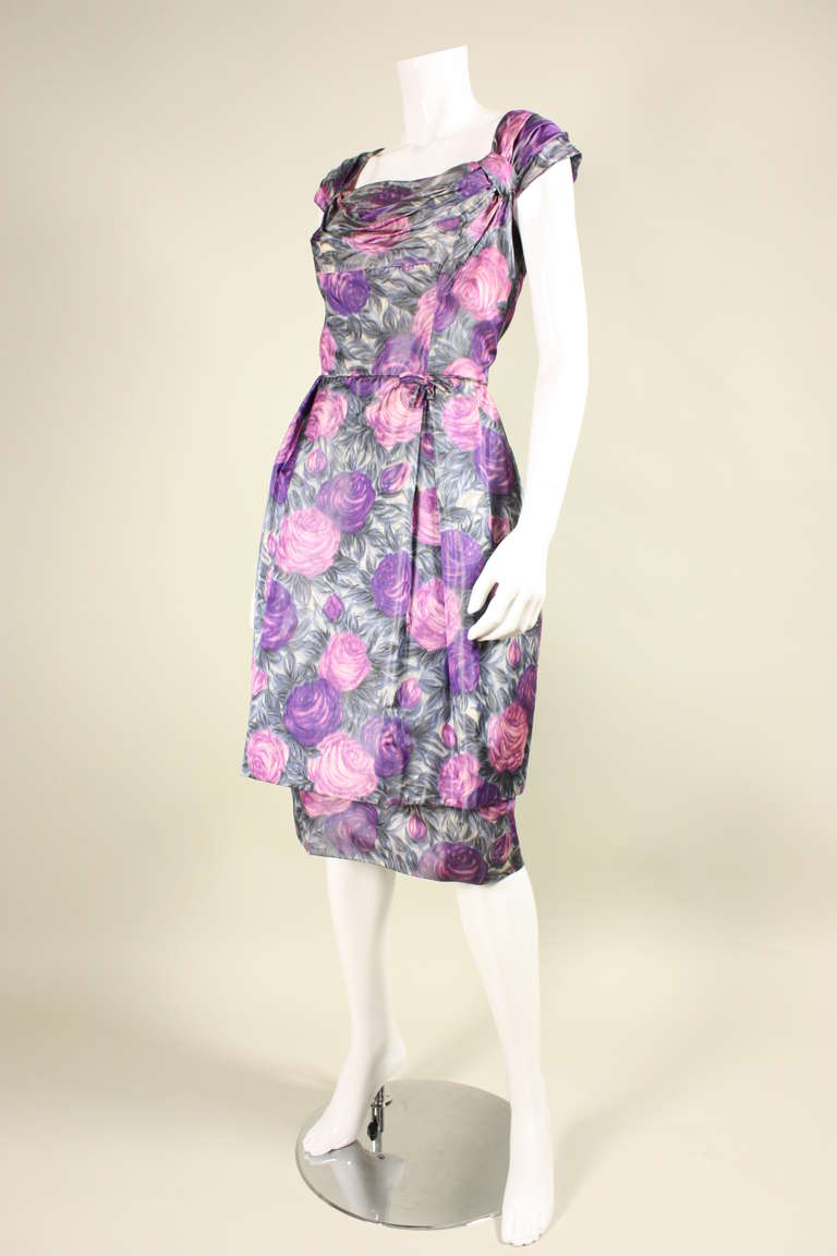 Gray 1950's Watercolor Floral Cocktail Dress