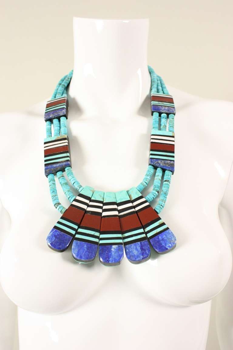 Santo Domingo Inlaid Turquoise Multi-Strand Necklace In Excellent Condition For Sale In Los Angeles, CA