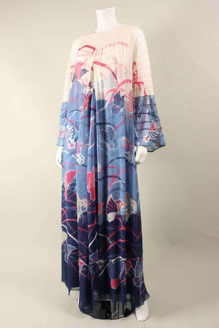 1970's Hanae Mori Couture Silk Gown with Pintucks & Chiffon Overlay For Sale 5