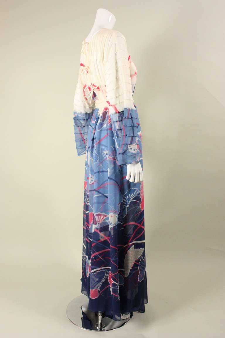Women's 1970's Hanae Mori Couture Silk Gown with Pintucks & Chiffon Overlay For Sale