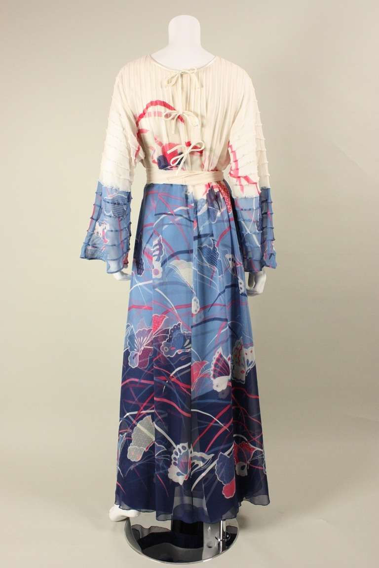 1970's Hanae Mori Couture Silk Gown with Pintucks & Chiffon Overlay For Sale 1