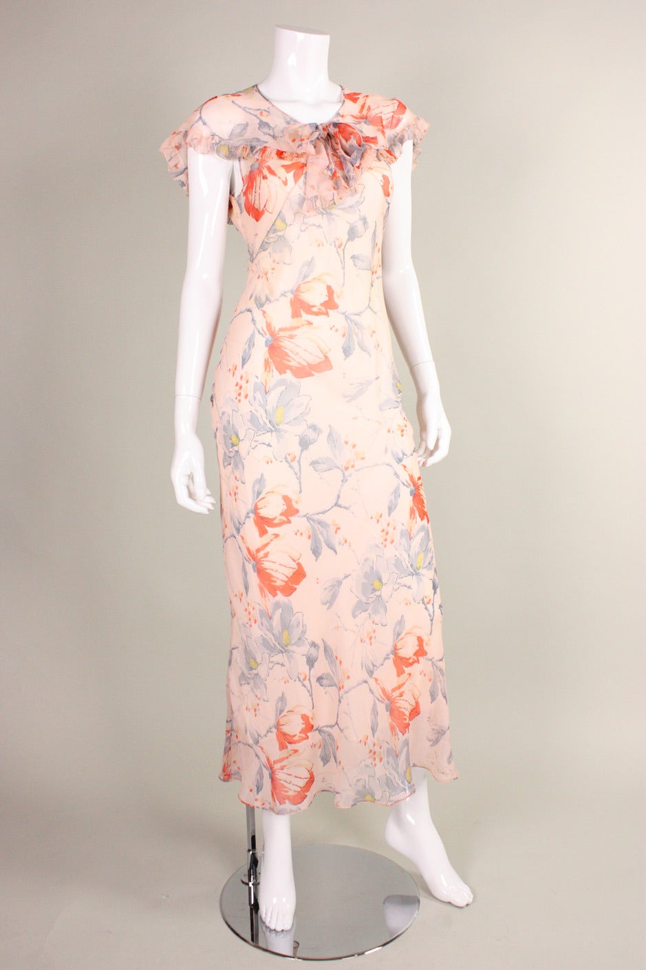 Beige 1930's Silk Chiffon Floral Bias-Cut Dress For Sale