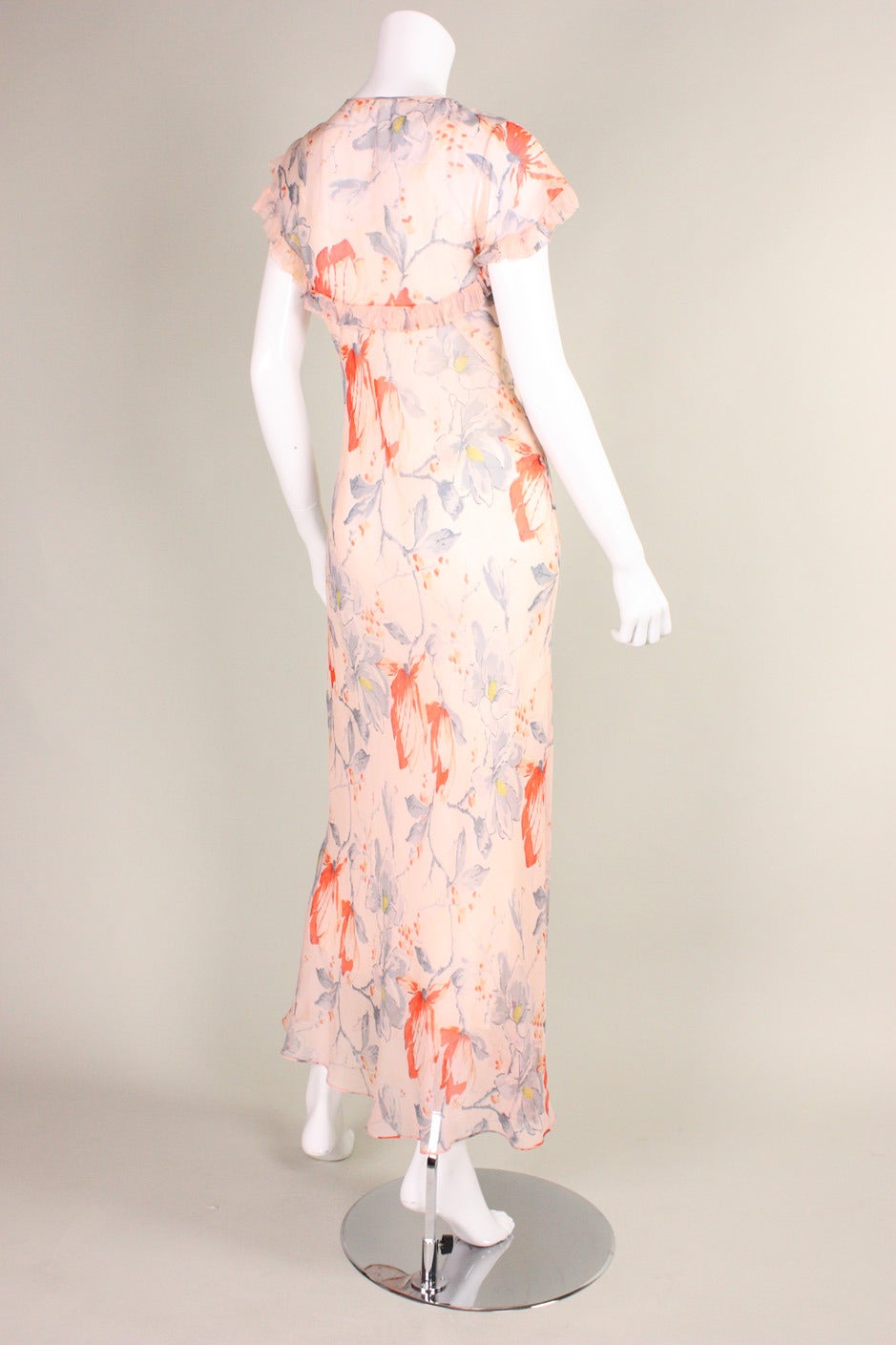1930's Silk Chiffon Floral Bias-Cut Dress In Excellent Condition For Sale In Los Angeles, CA