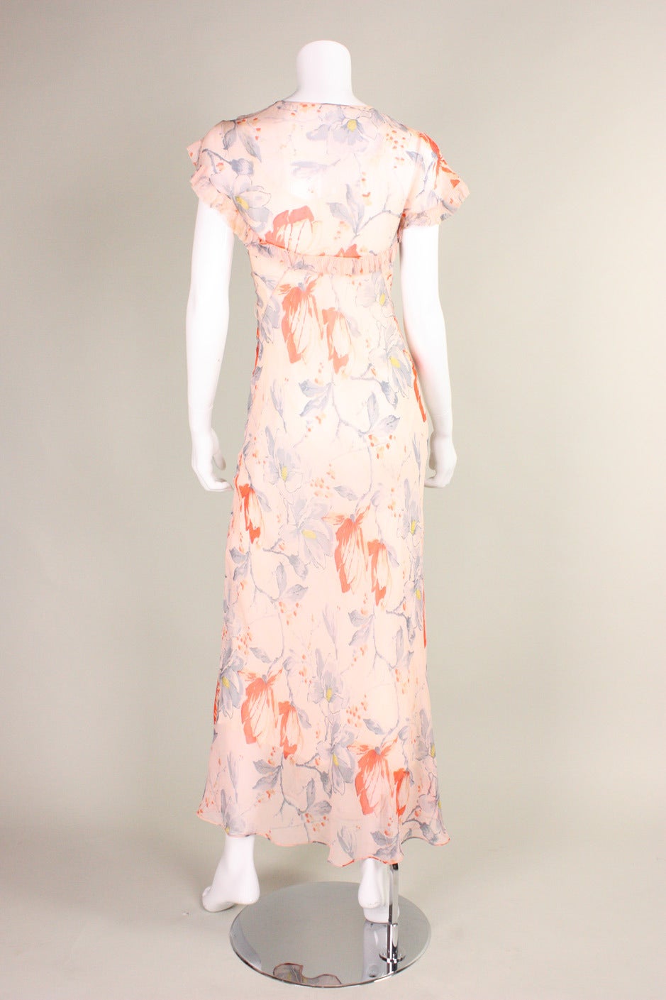 Women's 1930's Silk Chiffon Floral Bias-Cut Dress For Sale