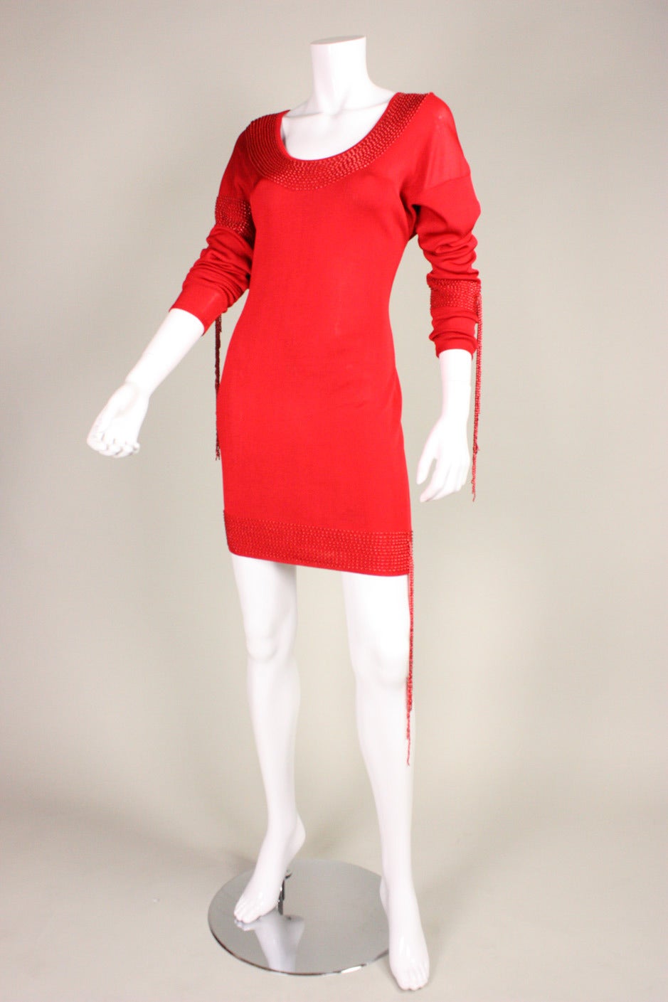 1980's Krizia Red Knit Dress with Beading For Sale 4