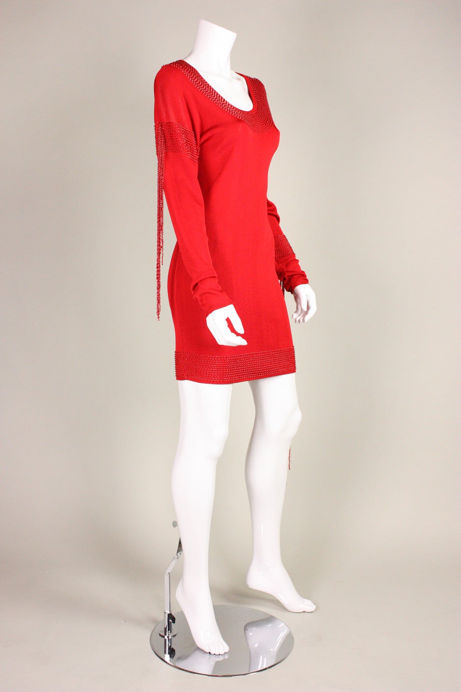 1980's Krizia Red Knit Dress with Beading In Excellent Condition For Sale In Los Angeles, CA