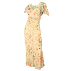 1930’s Floral Chiffon Bias Cut Gown with Ruffled Sleeves