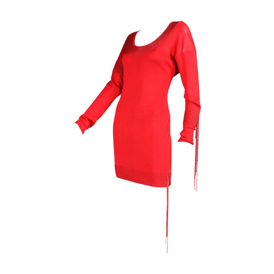 1980's Krizia Red Knit Dress with Beading For Sale