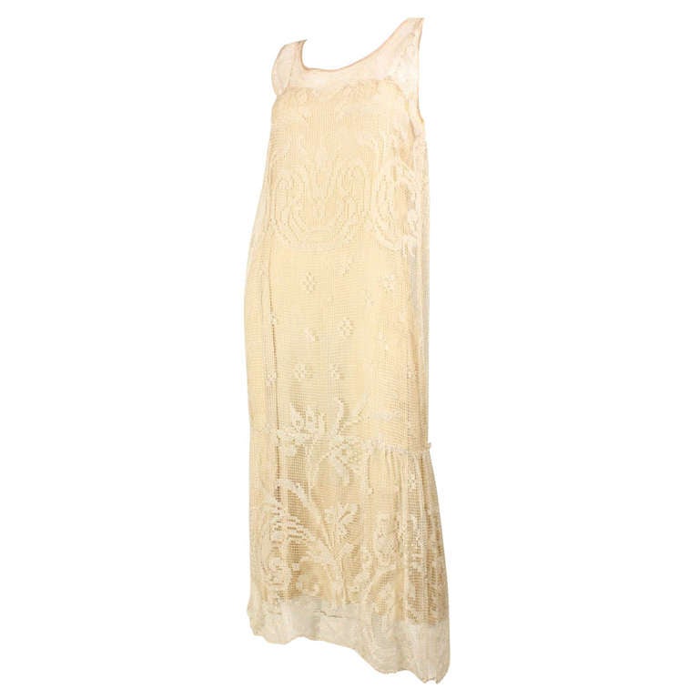 1920's Ecru Filet Lace Sheath Dress