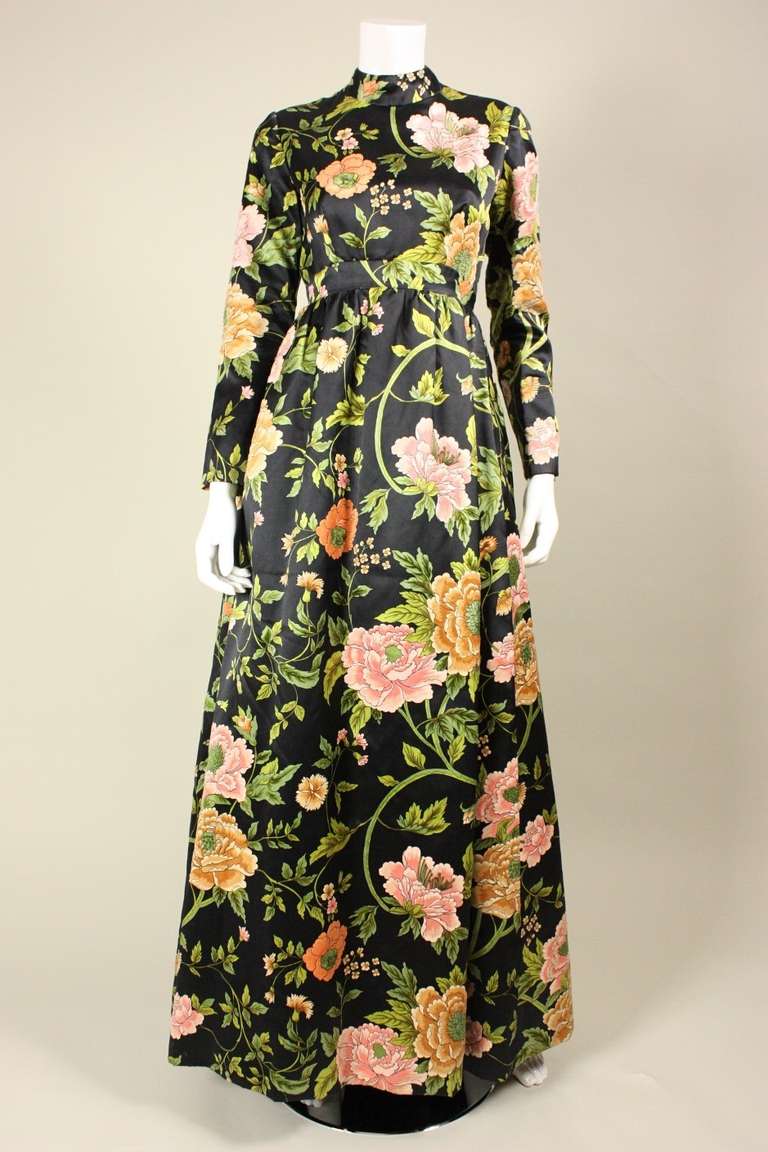 Black 1960's George Halley Satin & Cut Velvet Floral Gowl