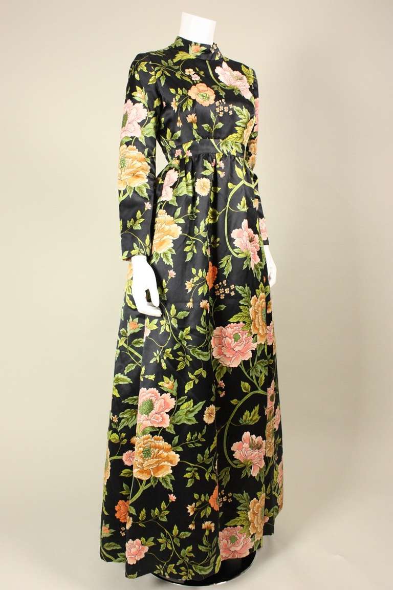 1960's George Halley Satin & Cut Velvet Floral Gowl In Excellent Condition In Los Angeles, CA