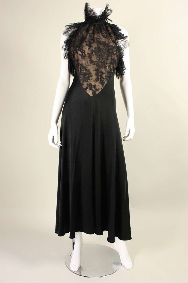 1970's Black Silk Gown with Lace Inserts In Excellent Condition In Los Angeles, CA