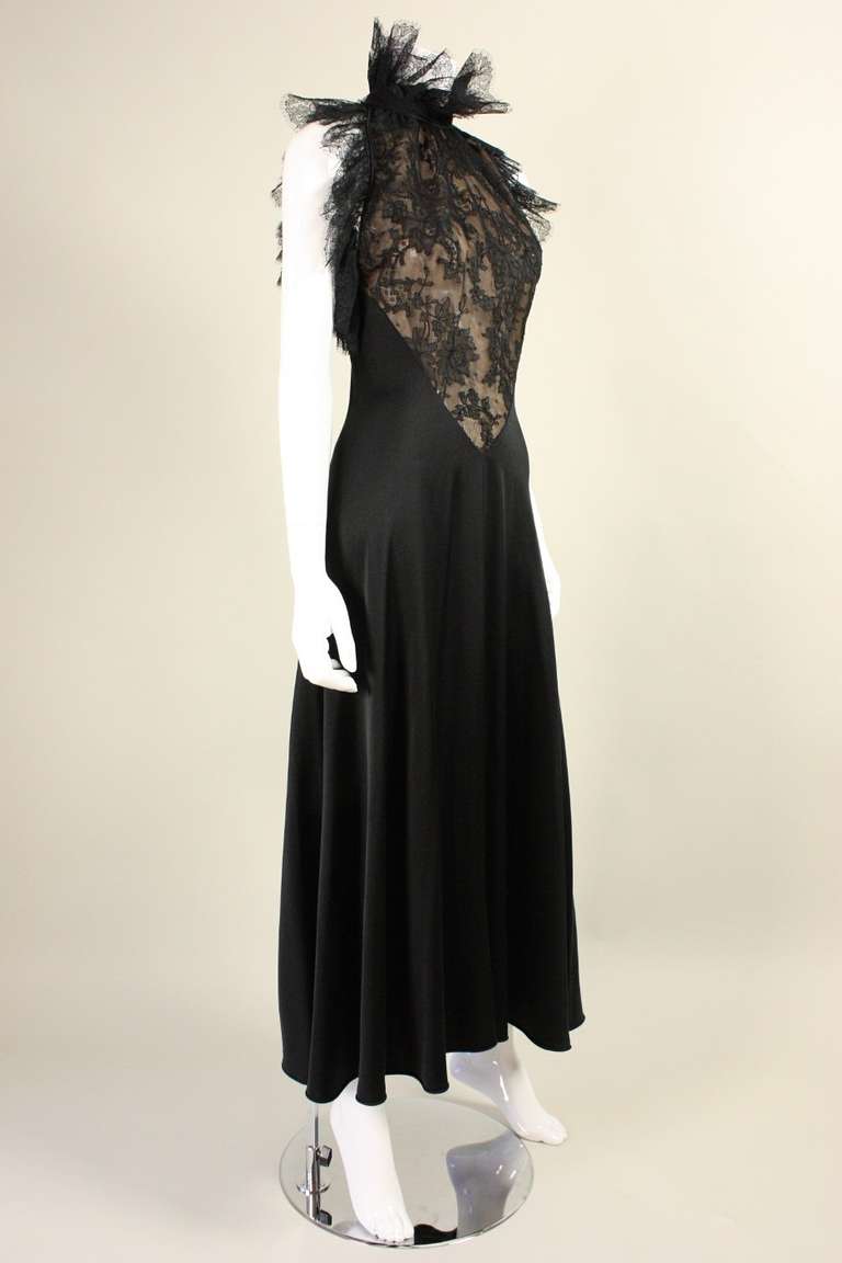 Women's 1970's Black Silk Gown with Lace Inserts