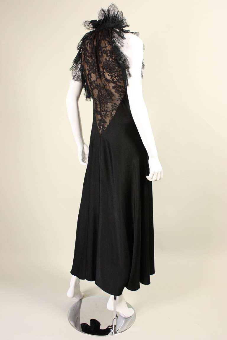 1970's Black Silk Gown with Lace Inserts 1