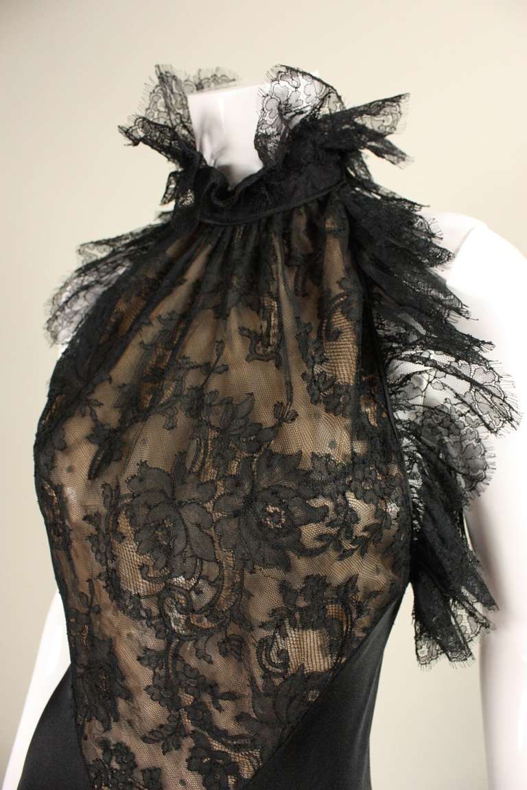 1970's Black Silk Gown with Lace Inserts 3