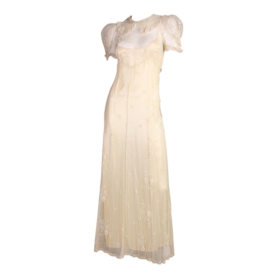 1930's Embroidered Cream Net Gown For Sale