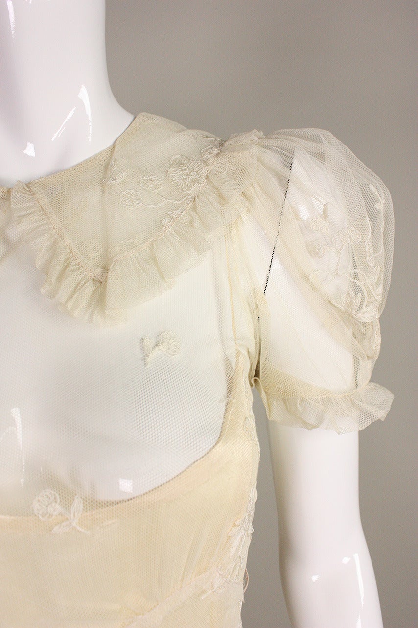 1930's Embroidered Cream Net Gown For Sale 3