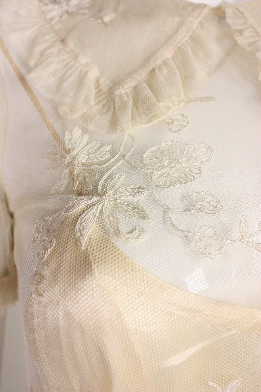 1930's Embroidered Cream Net Gown For Sale 2