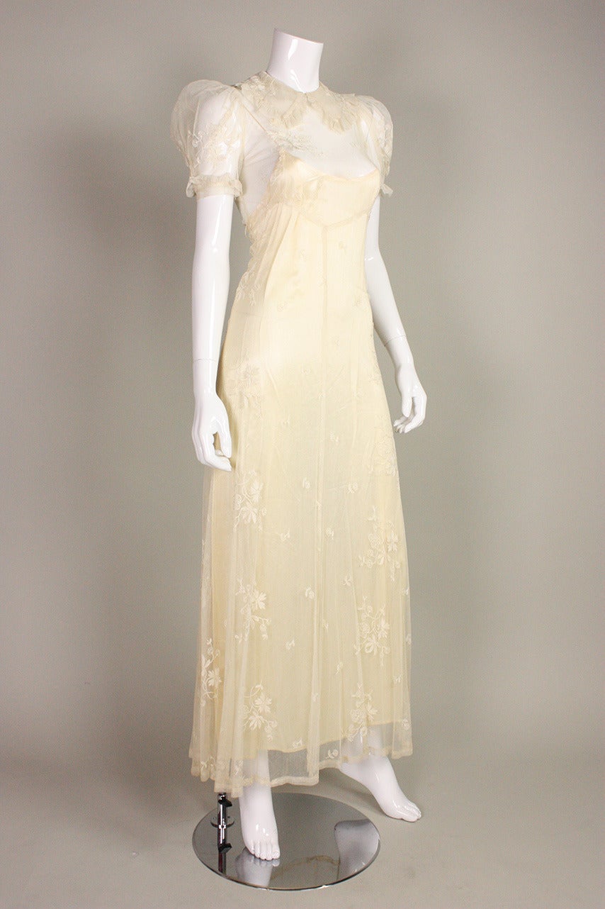 Beige 1930's Embroidered Cream Net Gown For Sale