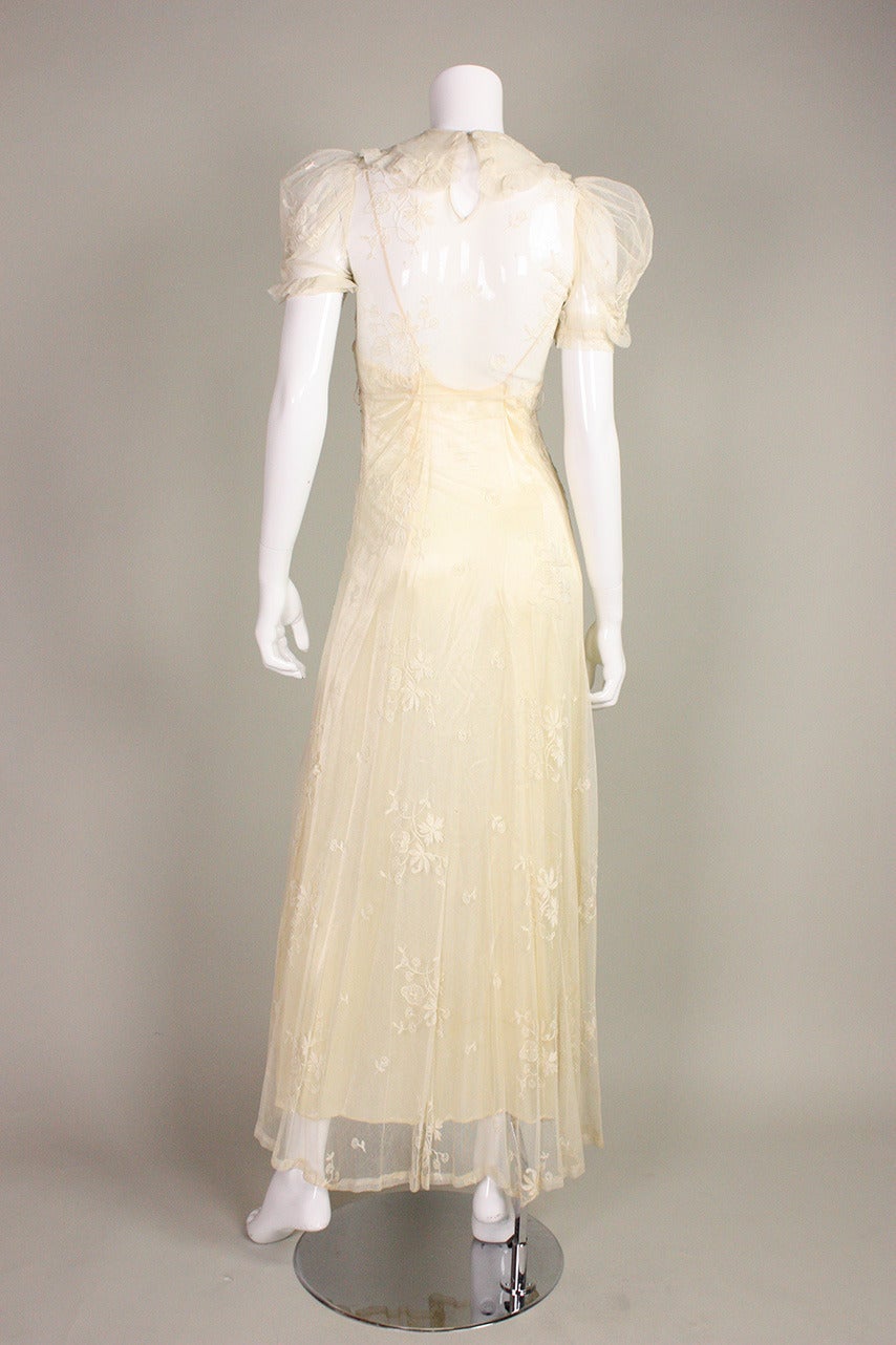 1930's Embroidered Cream Net Gown For Sale 1