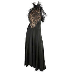 1970's Black Silk Gown with Lace Inserts