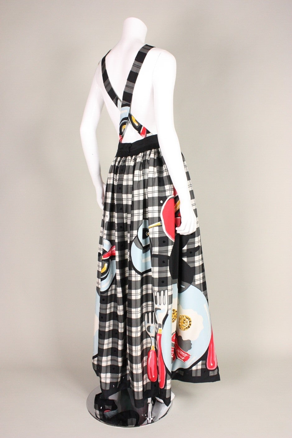 1980's Michaele Vollbracht Plaid Apron Gown with Breakfast Print In Excellent Condition In Los Angeles, CA