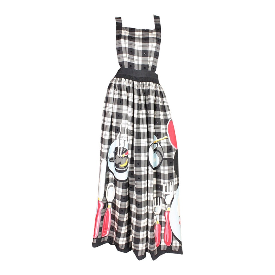 1980's Michaele Vollbracht Plaid Apron Gown with Breakfast Print