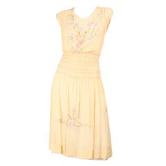 1920's Peach Voile Dress with Floral Embroidery & Smocking