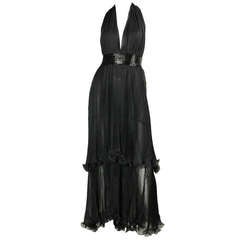 1970's Alfred Bosand Black Chiffon Tiered Gown & Cape