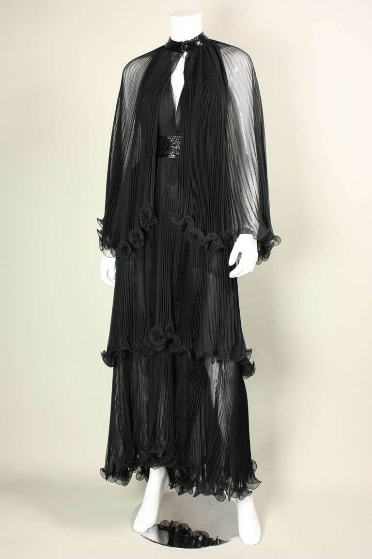 1970's Alfred Bosand Black Chiffon Tiered Gown & Cape 1
