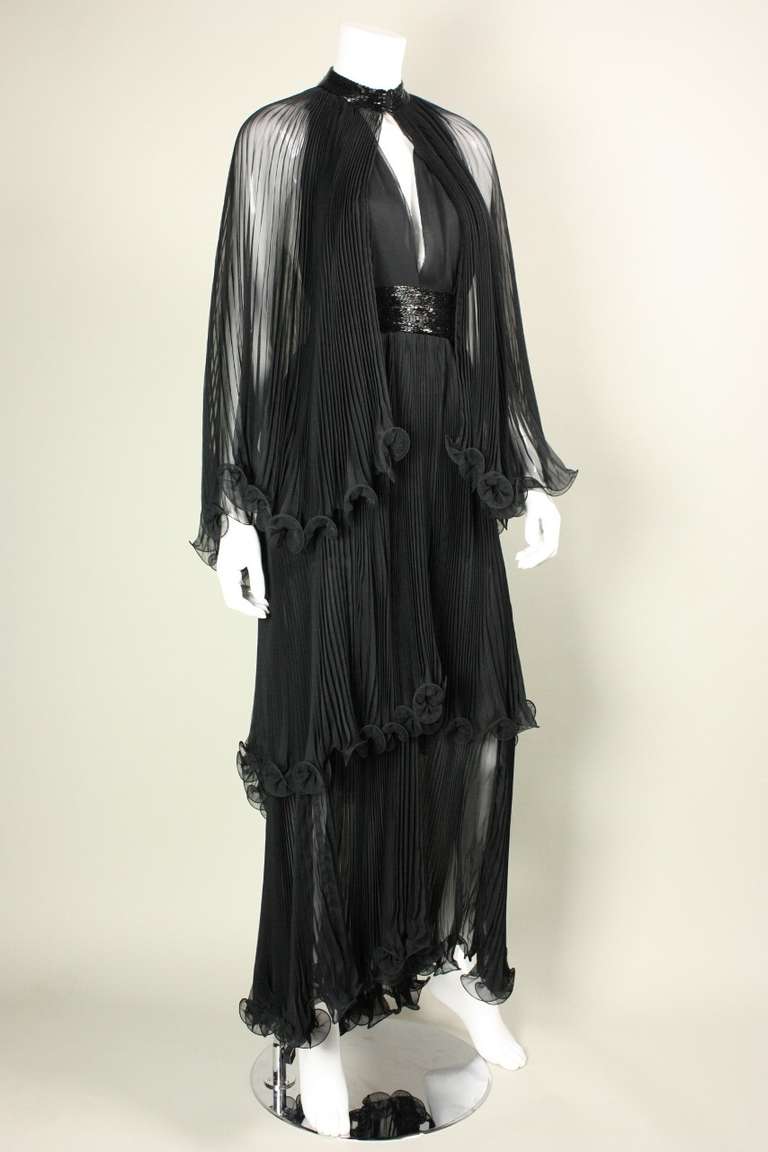1970's Alfred Bosand Black Chiffon Tiered Gown & Cape 2