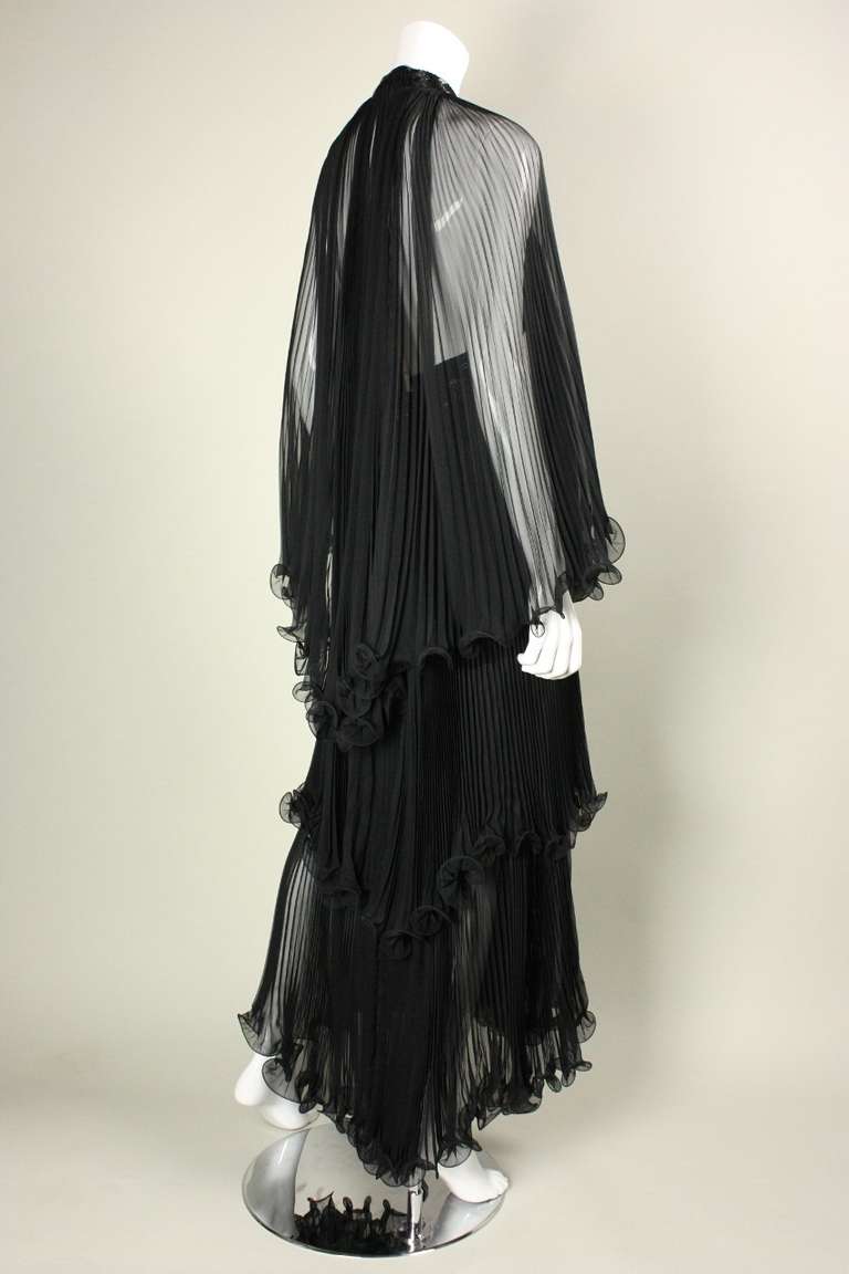 1970's Alfred Bosand Black Chiffon Tiered Gown & Cape 3