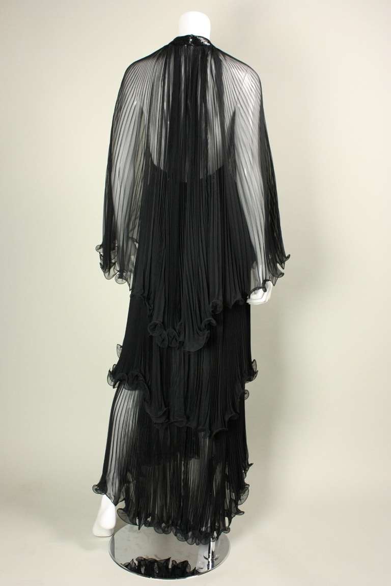 1970's Alfred Bosand Black Chiffon Tiered Gown & Cape 4