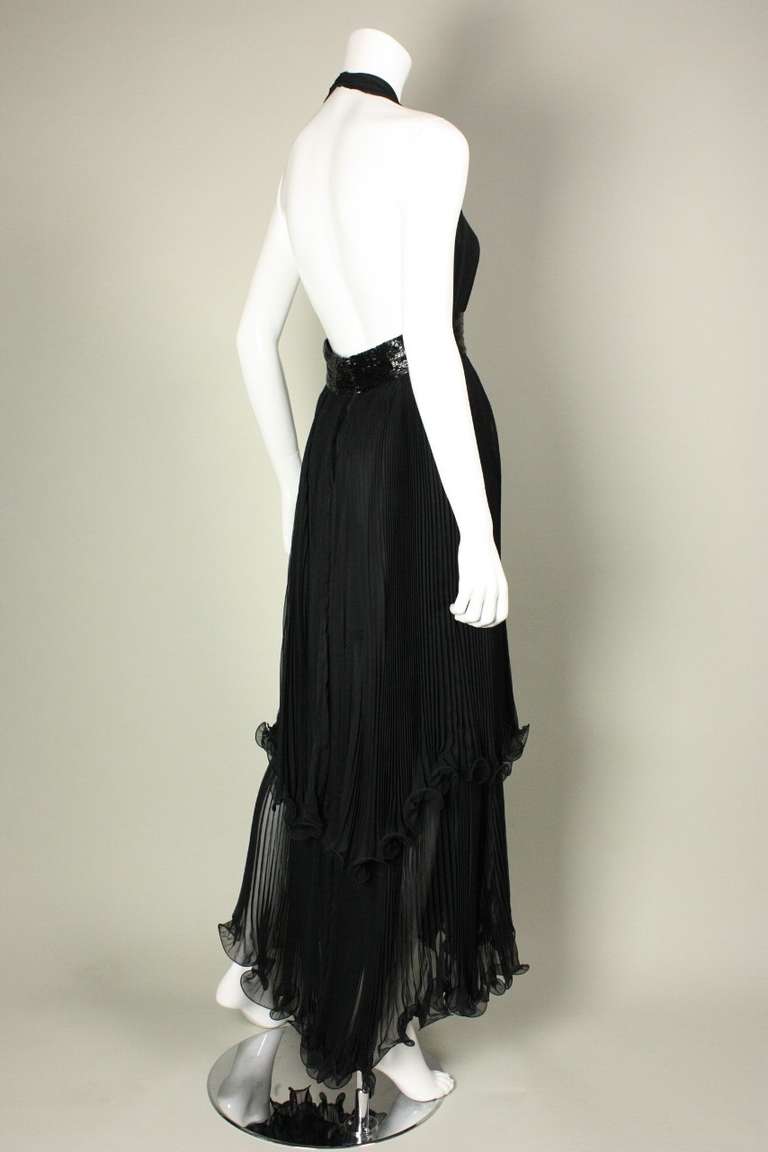 1970's Alfred Bosand Black Chiffon Tiered Gown & Cape In Good Condition In Los Angeles, CA