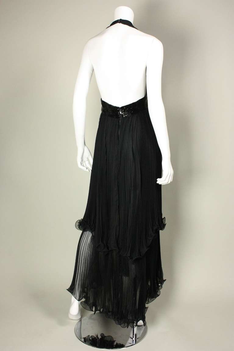 Women's 1970's Alfred Bosand Black Chiffon Tiered Gown & Cape